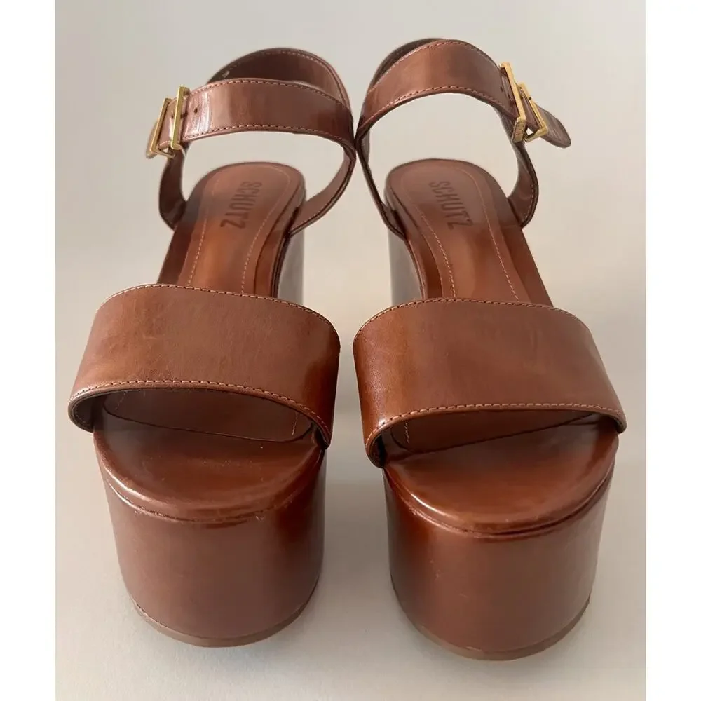 Schutz Tuke Platform Sandals Womens US 5.5 Cognac Brown Leather Chunky Heel NWOB